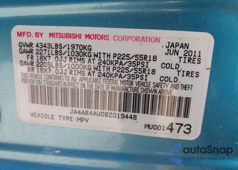 2011 Mitsubishi Outlander Sport Se from USA, damaged, VIN JA4AR4AU0BZ019448